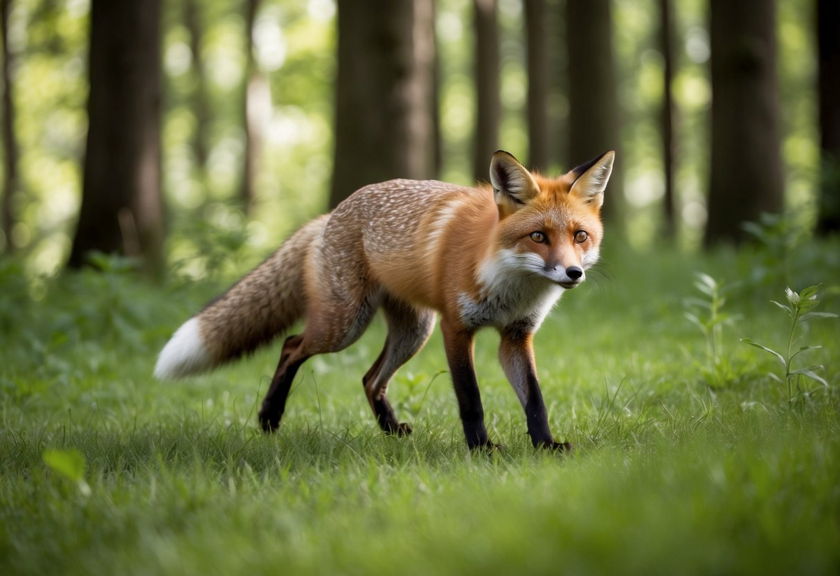 A fox prowls through a lush forest, hunting for prey. Its keen senses and agile movements contribute to a balanced ecosystem