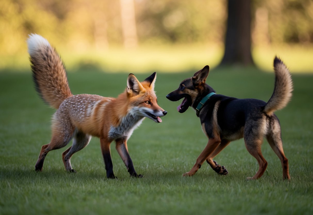 A fox teases a barking dog from a safe distance, its bushy tail held high as it darts away