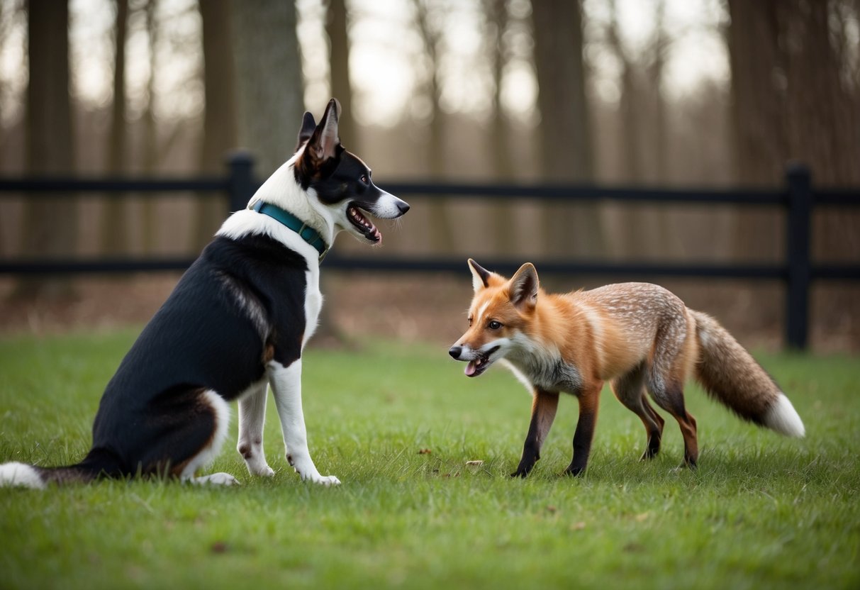 A dog barking at a fox approaching from the woods, with a fence and trees in the background