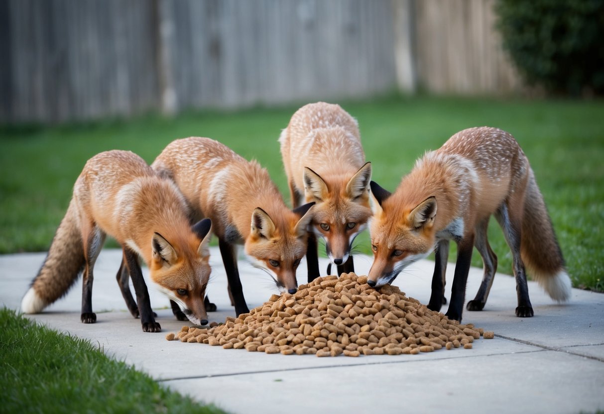 A group of foxes sniffing and nibbling at a pile of cat food left out in a backyard