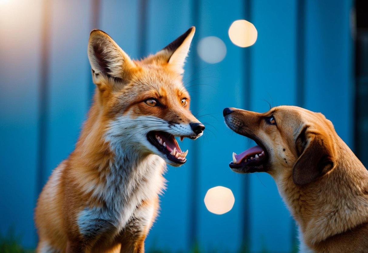 A fox snarls at a barking dog, its ears flattened and teeth bared