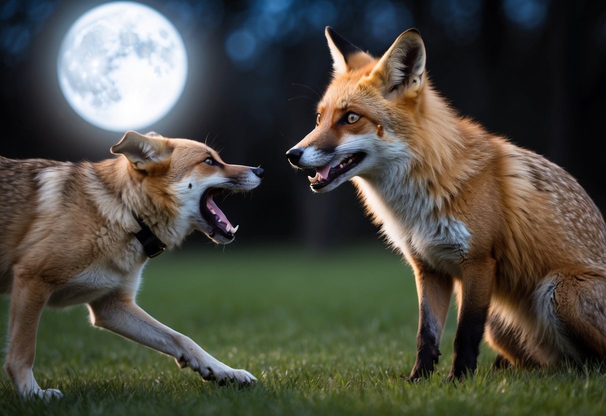 A fox taunts a barking dog from a safe distance, its eyes gleaming in the moonlight as the canine growls and paces