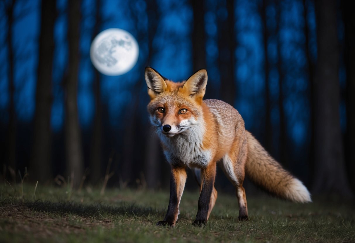 A fox emerges from the shadows, its sleek fur catching the moonlight as it prowls through the darkened forest