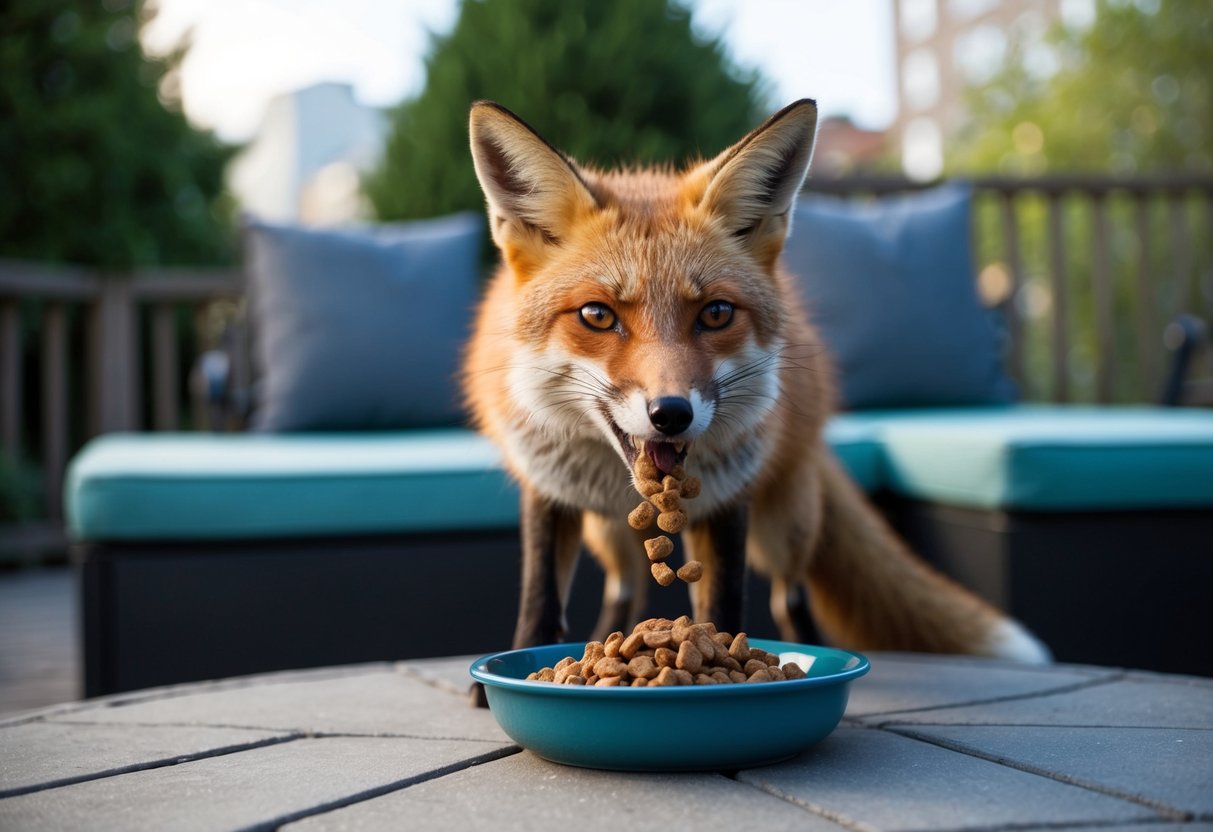 An urban fox snatches a mouthful of cat food from a bowl on a backyard patio