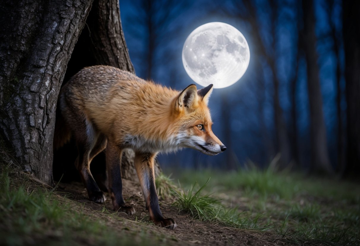 A fox emerges from its den, the moon casting a soft glow on the surrounding forest as it begins its nightly hunt