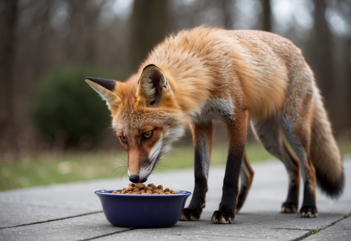 A fox sniffs at a bowl of cat food, then turns away with a disdainful expression