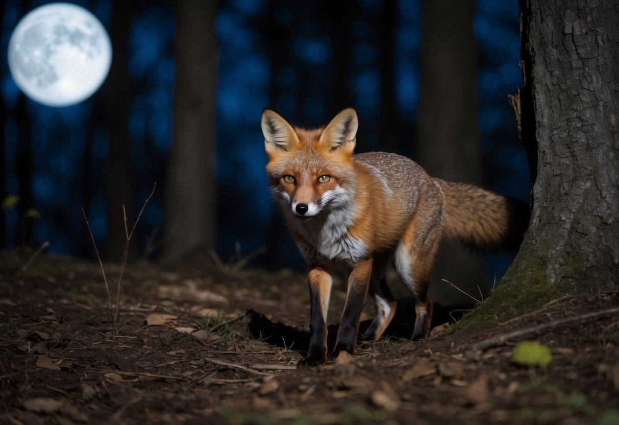 A fox emerges from its den in the moonlit forest, its keen eyes scanning for prey. The nocturnal creature's sleek fur blends into the shadows as it prowls for food