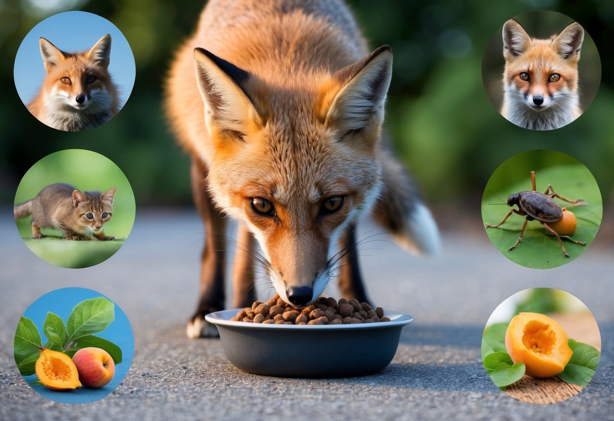 A fox sniffs at a bowl of cat food, surrounded by images of appropriate fox diet items such as small mammals, insects, and fruits