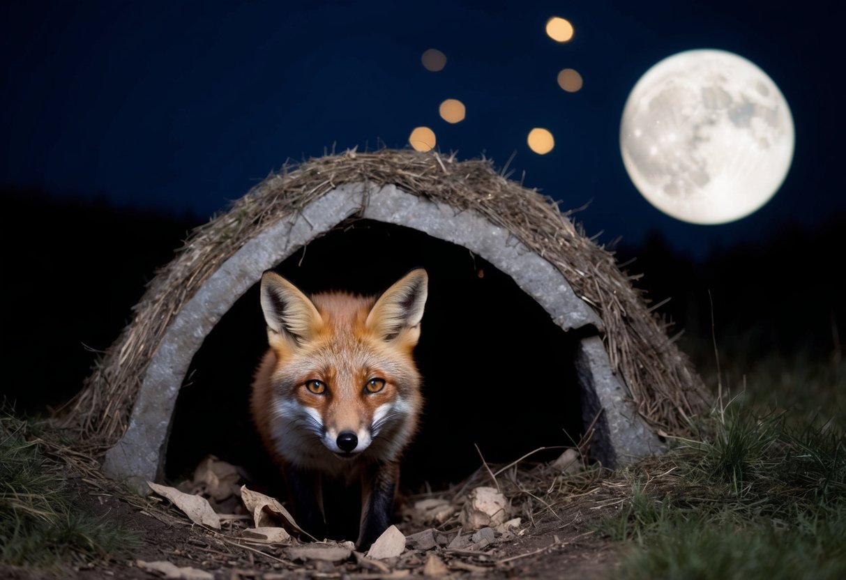 A fox emerges from its den, illuminated by the moonlight, ready to hunt for its nocturnal prey