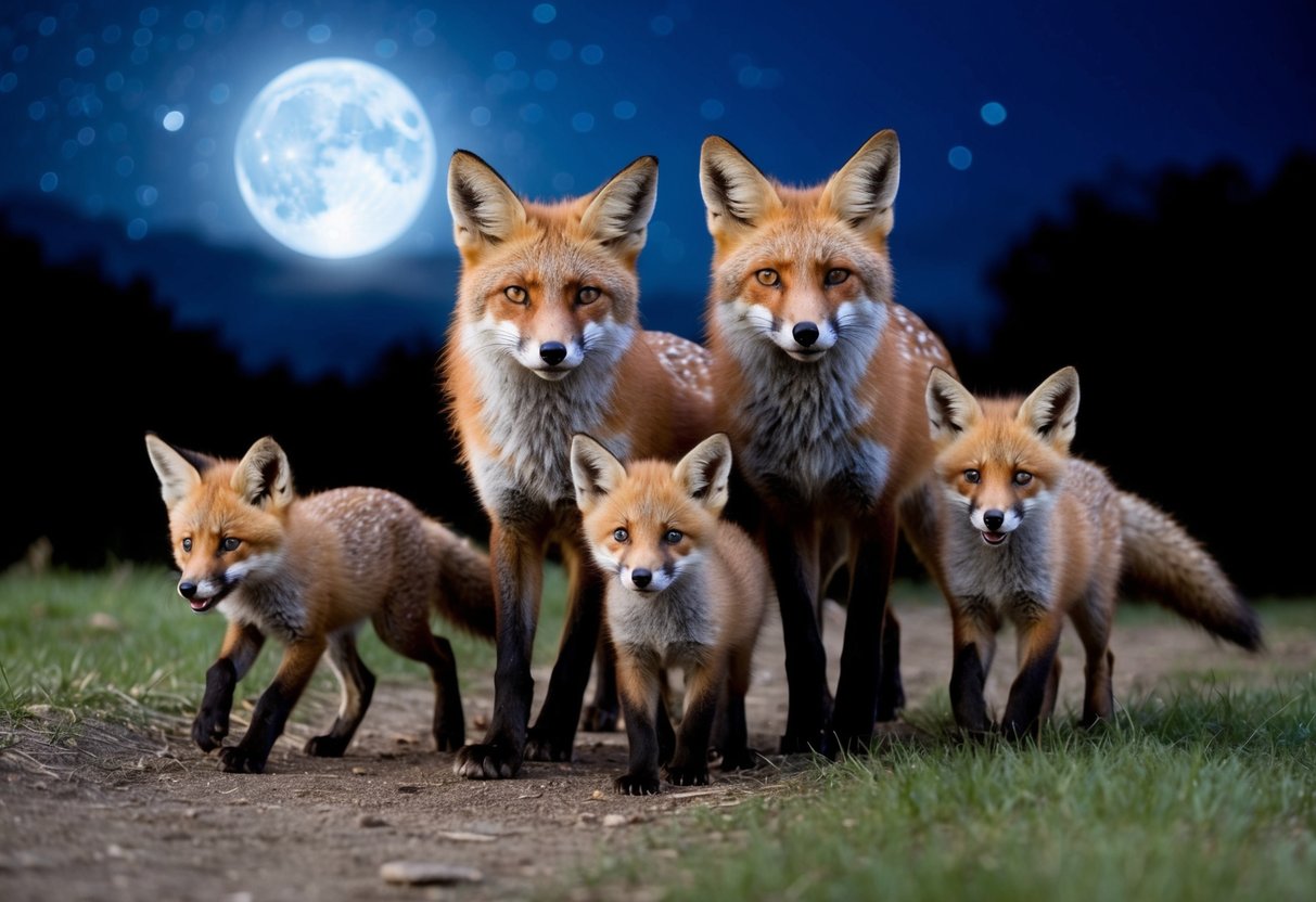 A family of foxes emerges from their den under the moonlit sky, the parent foxes leading their playful kits out to explore the night