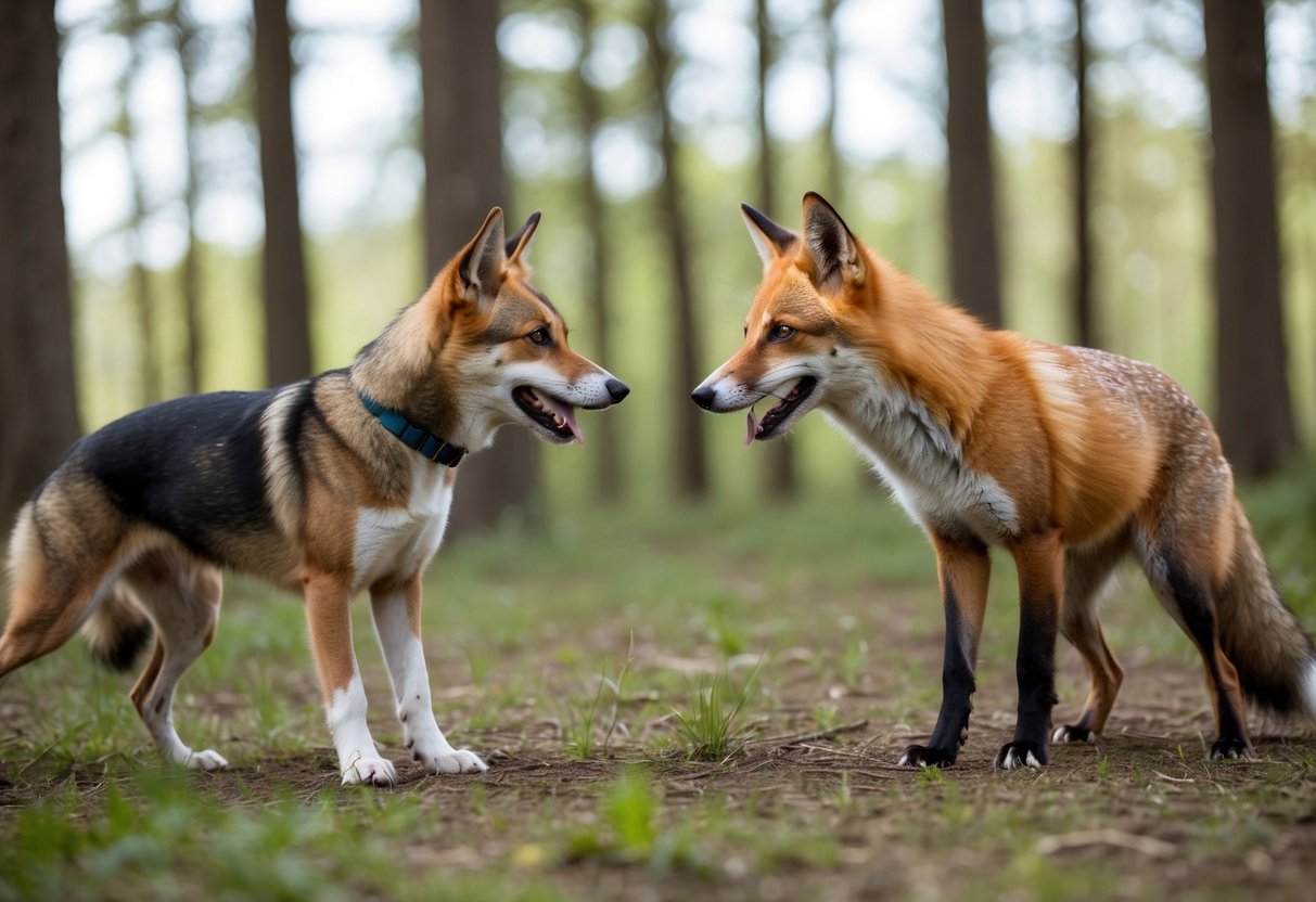 Dogs and foxes face off in a forest clearing, their eyes locked in a tense standoff, tails raised and bodies poised for action