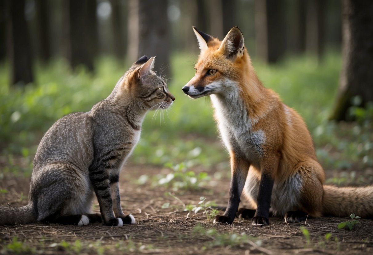 A cat and a fox meet in a forest clearing, sizing each other up with cautious curiosity