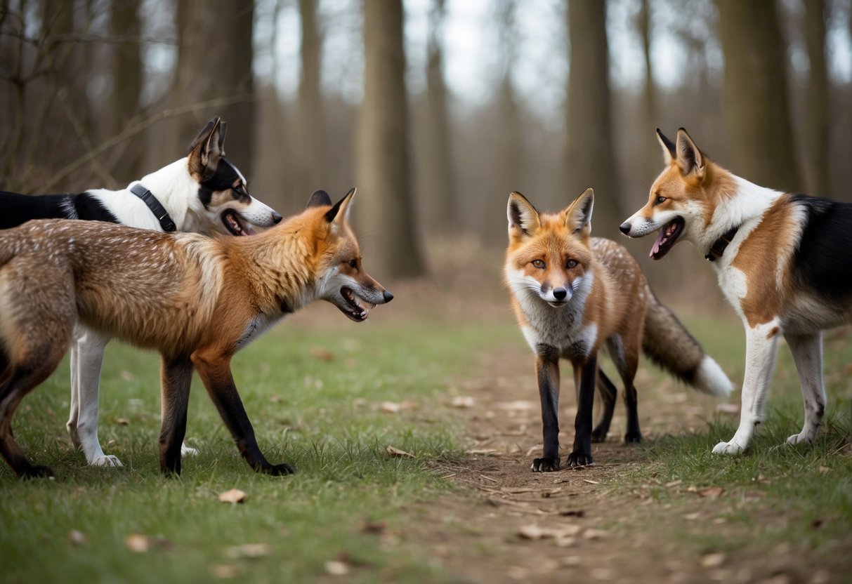 A fox cautiously approaches a group of dogs, who bark and growl defensively. The fox hesitates, then retreats into the woods