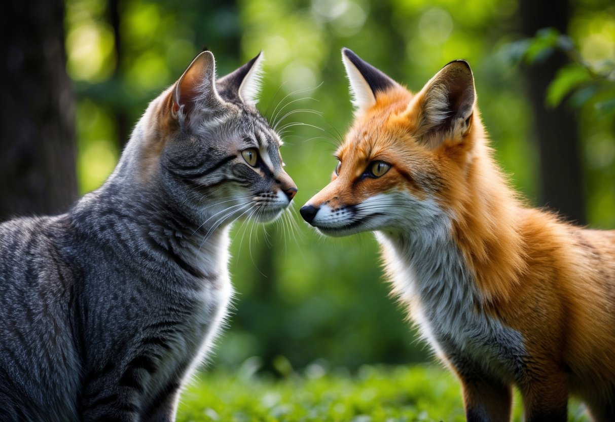 A cat and a fox standing face to face, their eyes locked in curiosity, surrounded by a lush forest backdrop