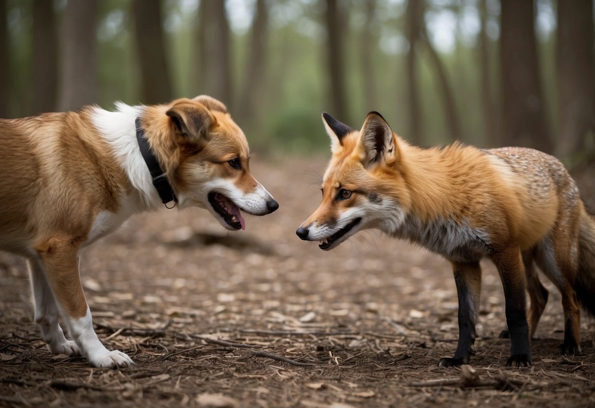 A dog and a fox face off in a wooded area, their eyes locked in a tense standoff. The dog's fur is raised, while the fox crouches low, ready to flee or fight
