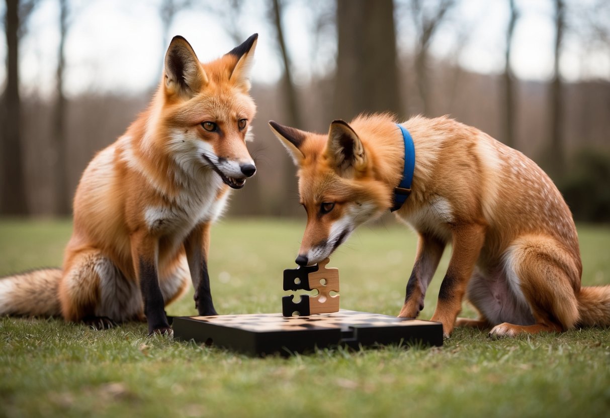 A fox and a dog solving a puzzle together