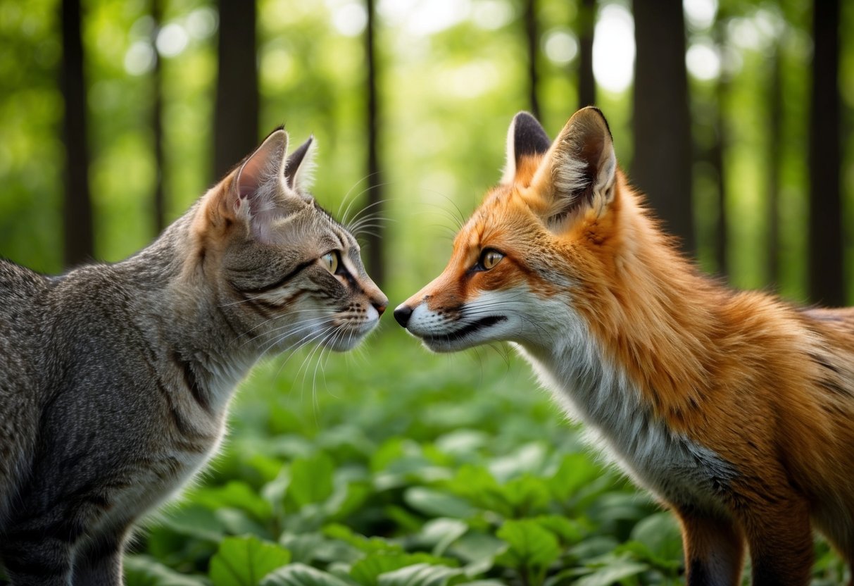 A cat and a fox face each other in a lush forest clearing, their curious gazes meeting as they cautiously approach one another