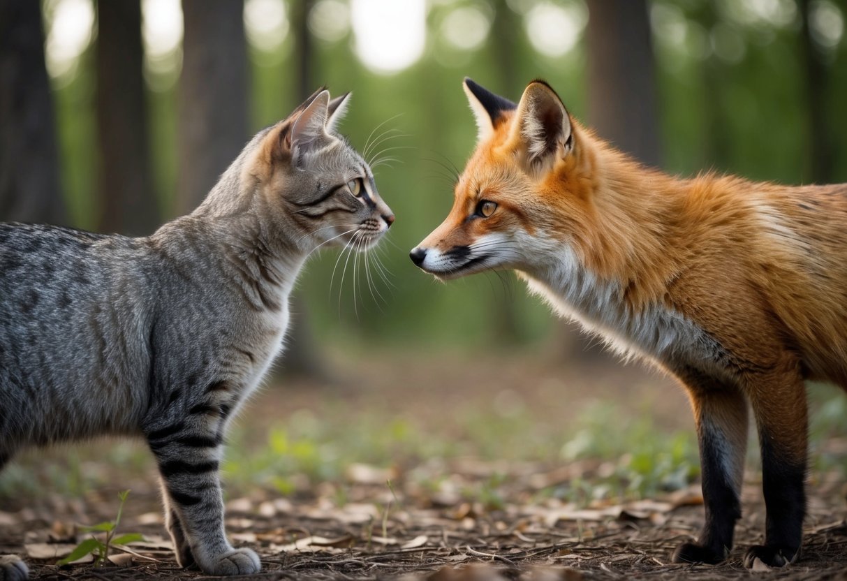 A cat and a fox stand facing each other, their eyes locked in curiosity, as they cautiously approach one another in a forest clearing
