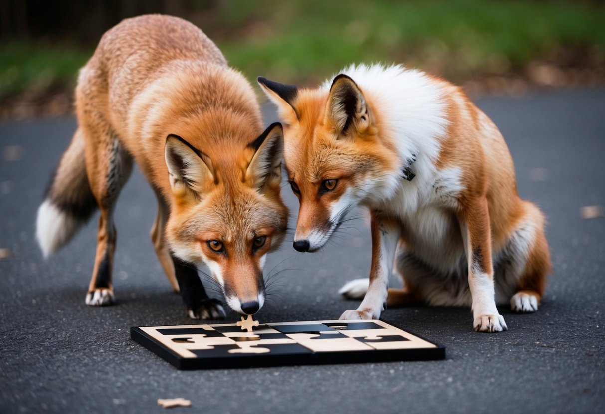 A fox and a dog solving a puzzle together, with the fox quickly figuring out the solution while the dog watches attentively
