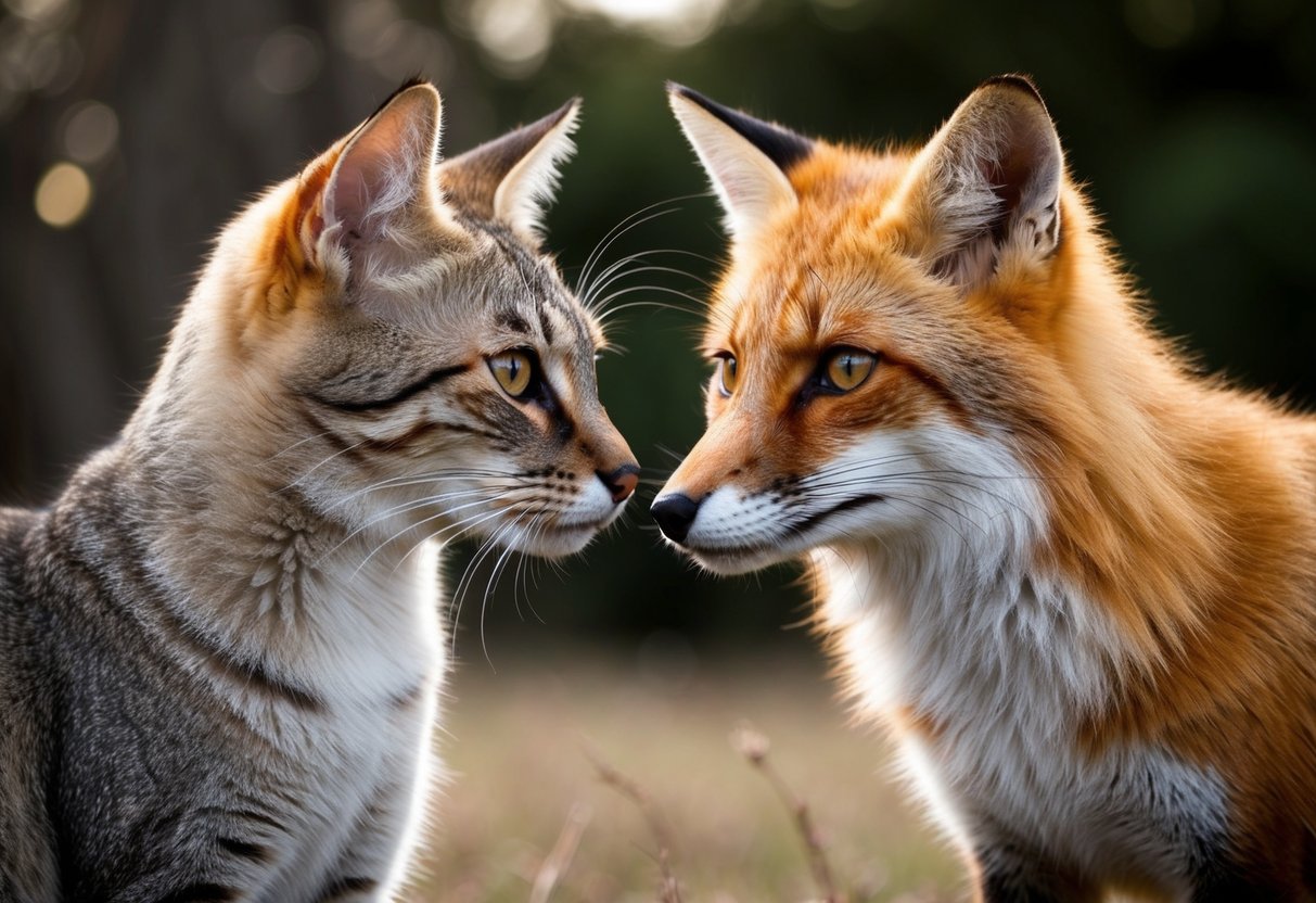 A cat and a fox standing face to face, their features blending into a hybrid creature