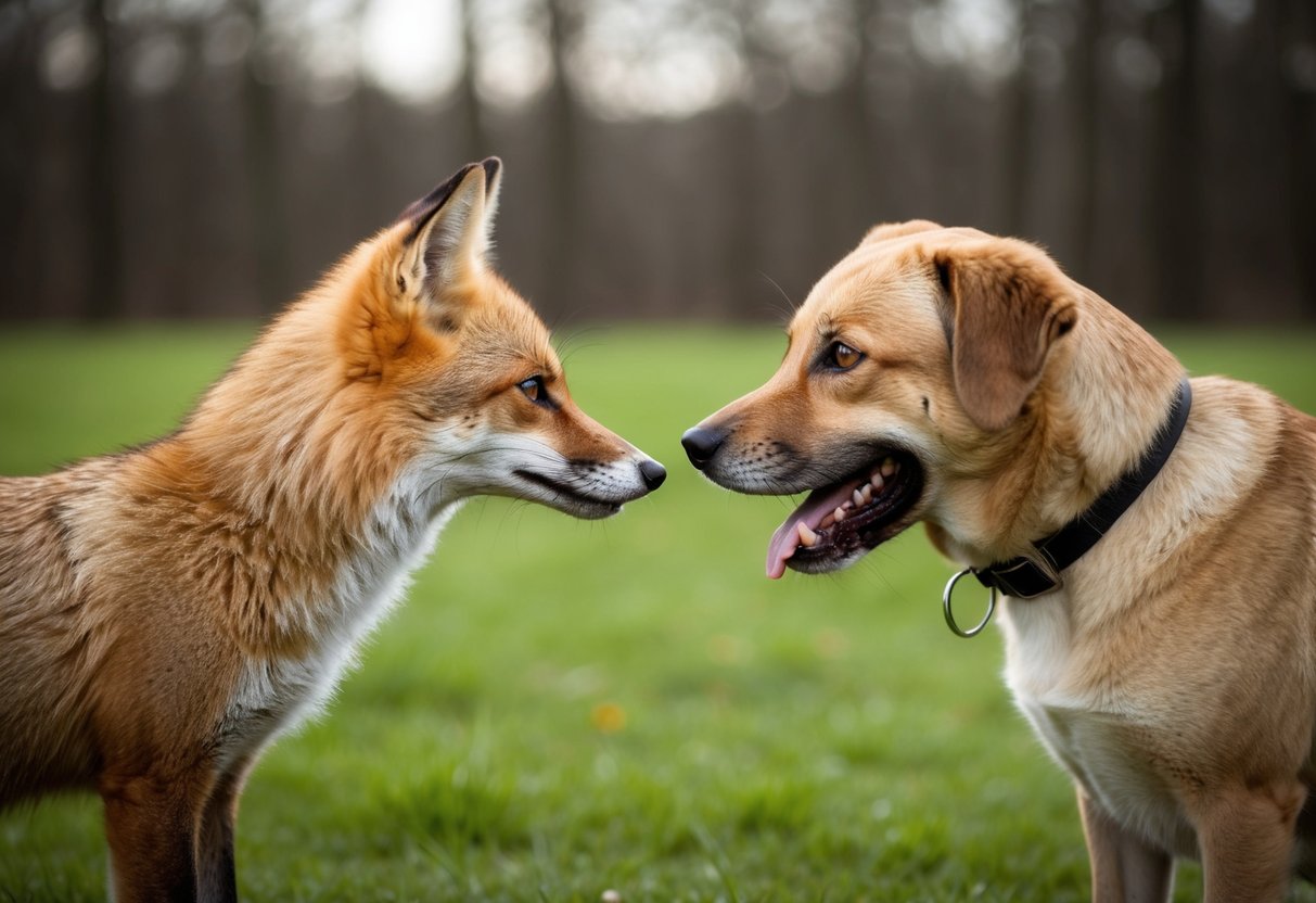 A fox and a dog face each other, their distinct features highlighted. The fox's slender body and bushy tail contrast with the dog's bulkier frame and wagging tail