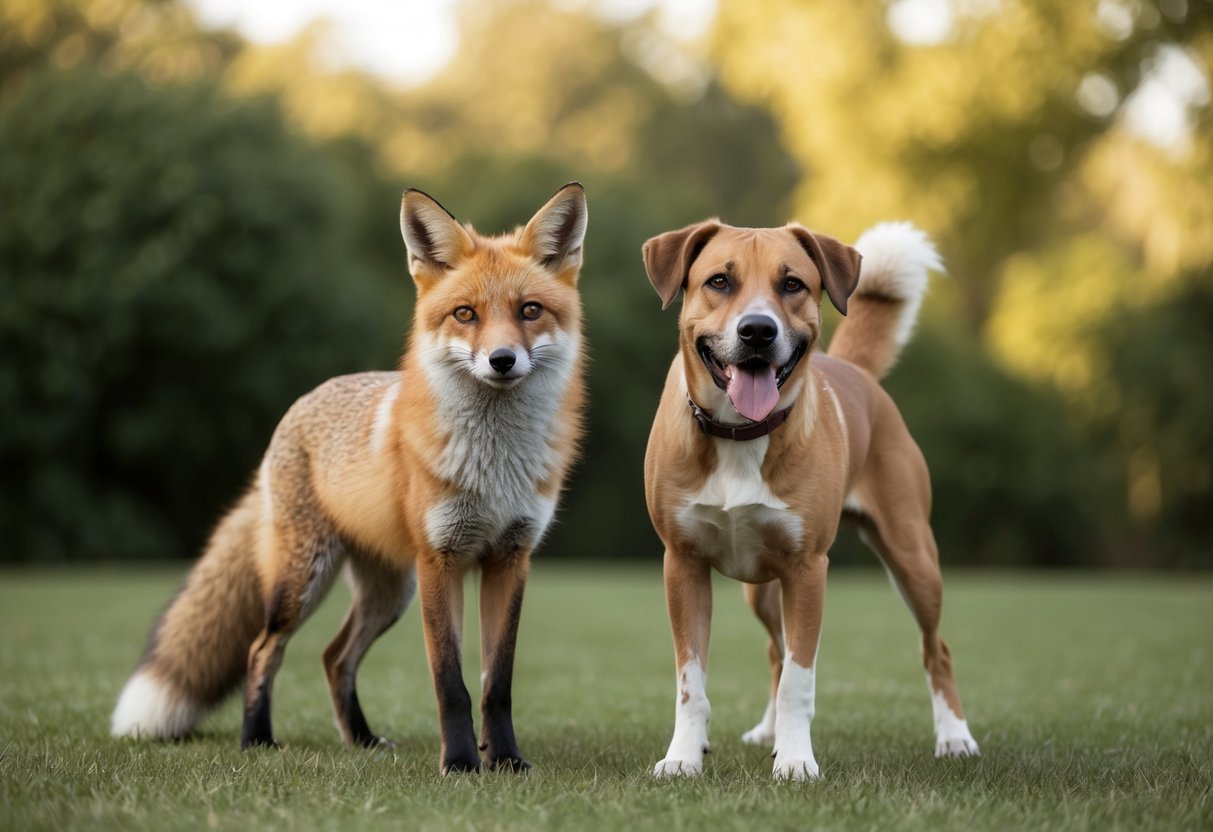 A fox and a dog stand side by side, their distinct features highlighted. The fox's slender body and bushy tail contrast with the dog's bulkier frame and wagging tail