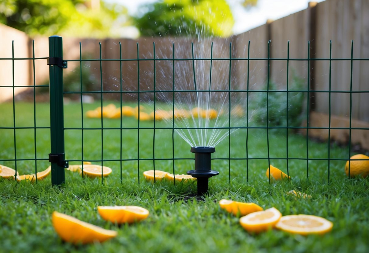 A fox-proof fence surrounds a tidy garden, with scattered citrus peels and a motion-activated sprinkler