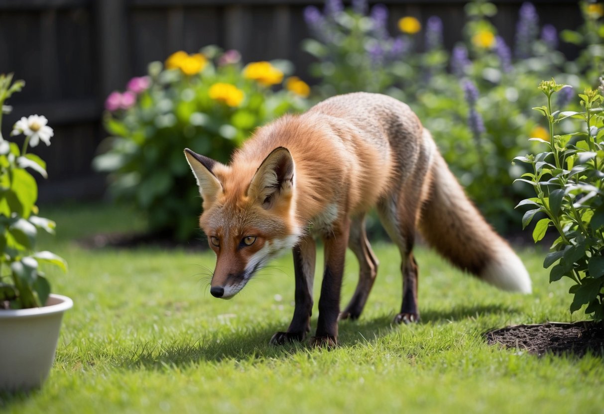 A fox sniffs around a garden, searching for a spot to relieve itself. The garden is filled with plants and flowers, and the fox looks alert and curious