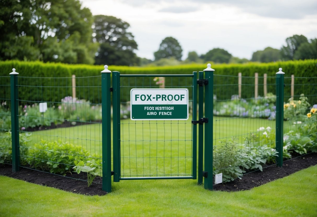 A garden surrounded by a tall, sturdy fence with no gaps, and a sign indicating it is fox-proof