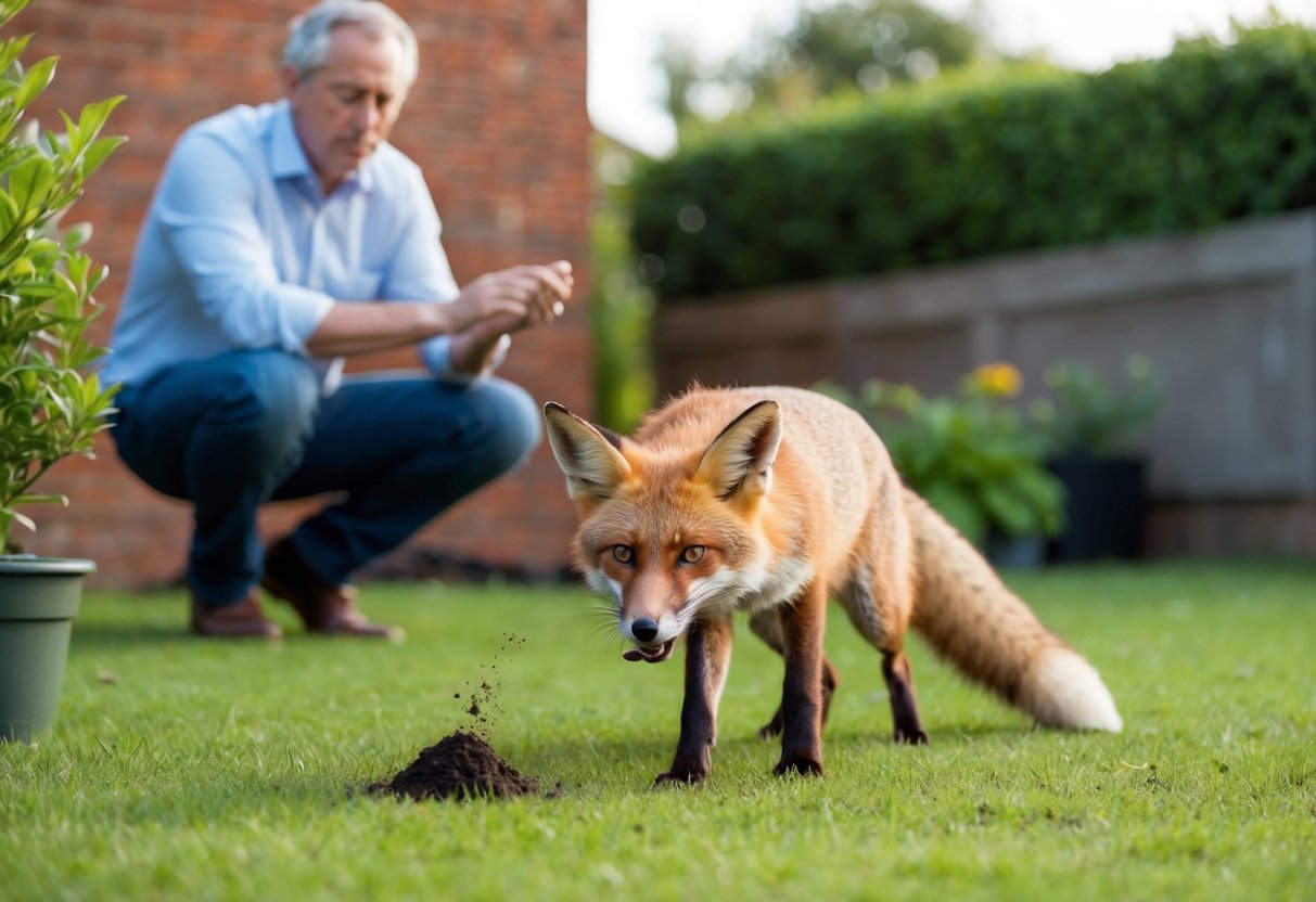 A fox caught in the act of pooping in a garden, with concerned homeowner looking on