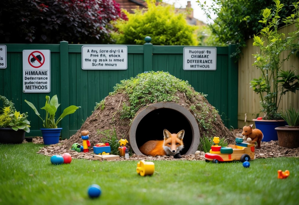 A fox den in a lush garden, with scattered toys and plants, surrounded by a fence and signs indicating humane deterrence methods