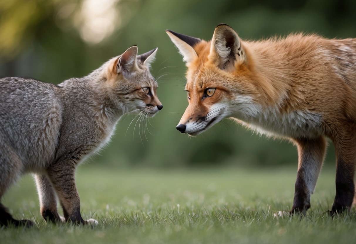 A fox prowls near a nervous cat, their eyes locked in a tense standoff