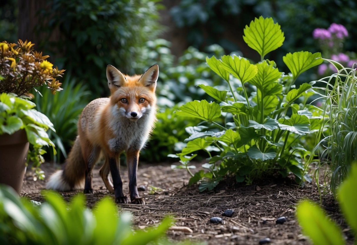 A fox watches over her den in a lush garden, surrounded by a diverse ecosystem of plants and insects