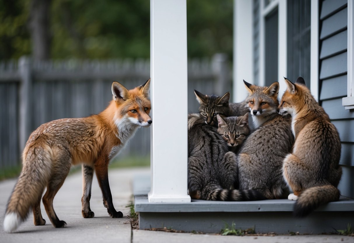 A fox lurks near a fence, eyeing a group of tense cats huddled together on a porch