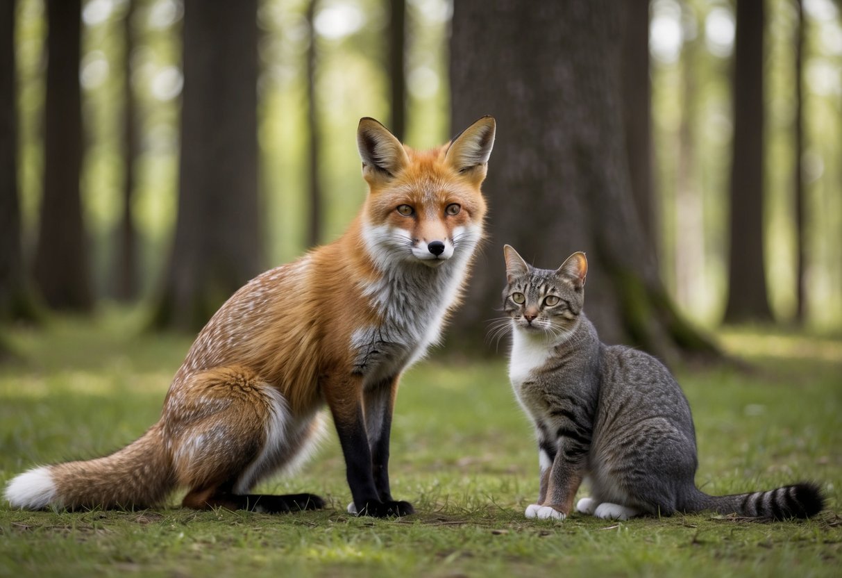 A fox and a cat calmly coexist in a peaceful forest setting, with the fox maintaining a safe distance to prevent any potential conflicts