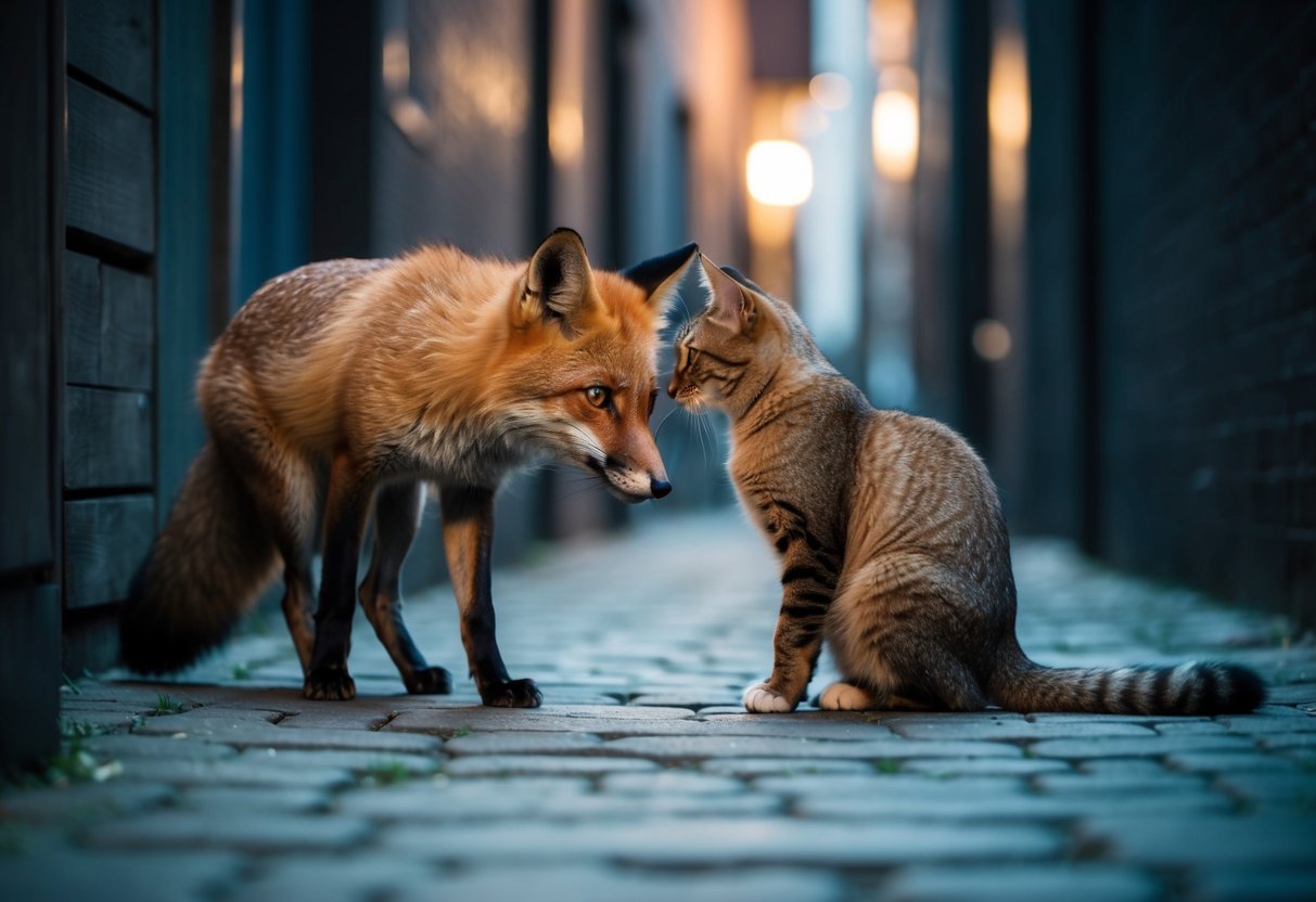 A fox and a cat cautiously eye each other in a dimly lit alley, their tense postures suggesting a potential conflict