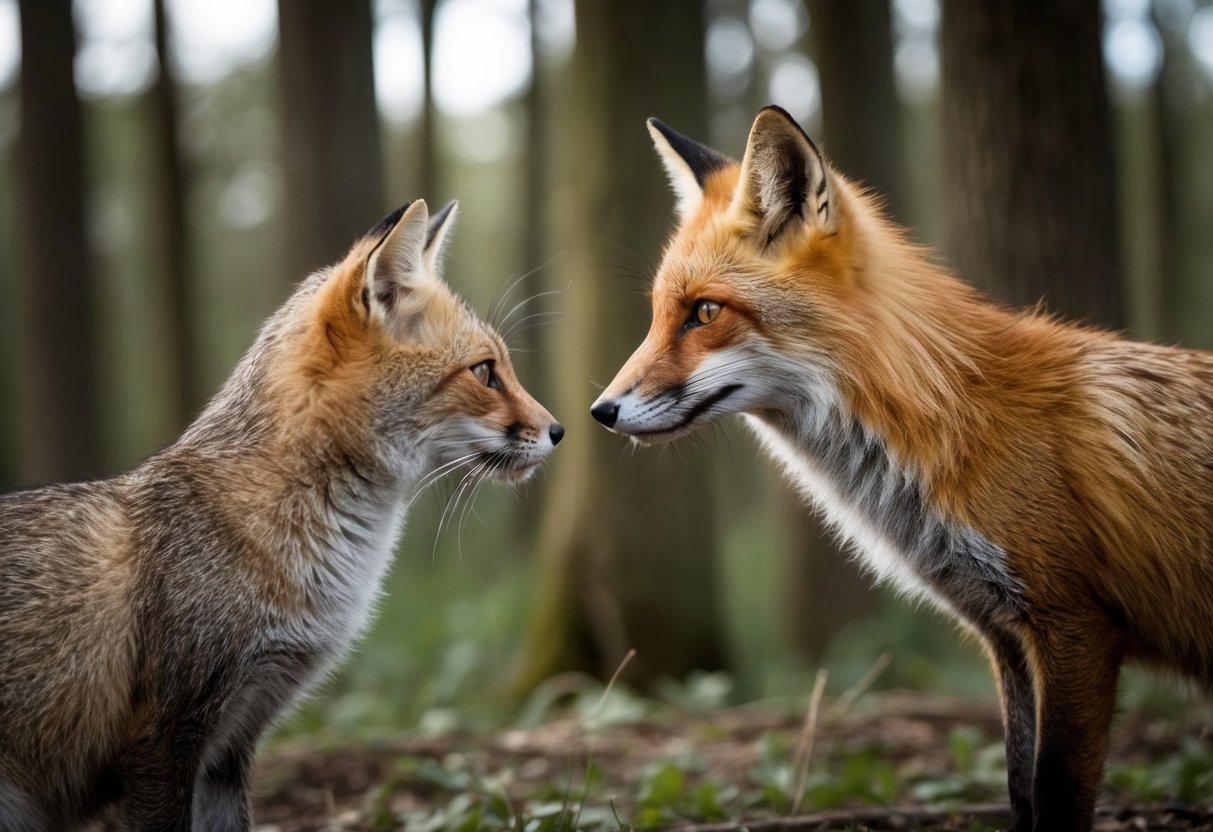 A fox and a cat face each other in a wooded area, with the fox looking disheveled and the cat appearing wary