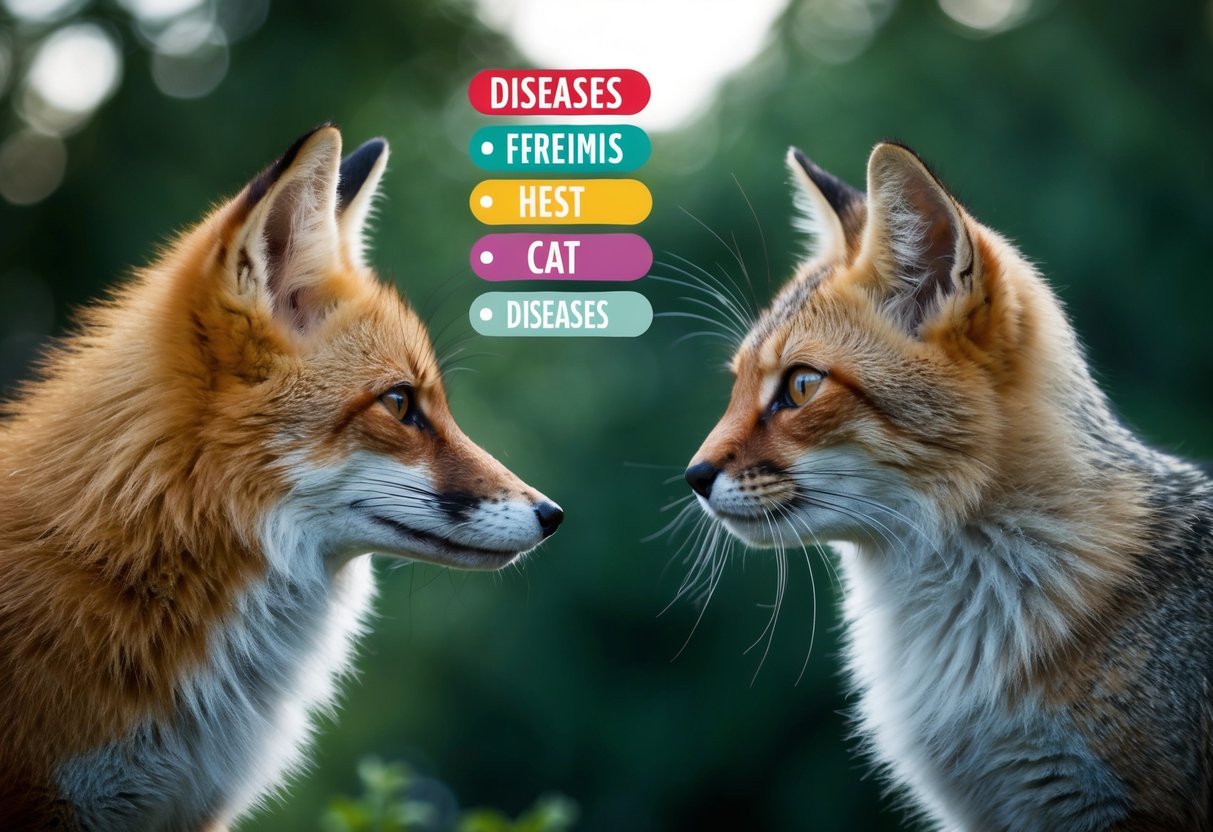 A fox and a cat facing each other, with a list of diseases floating between them