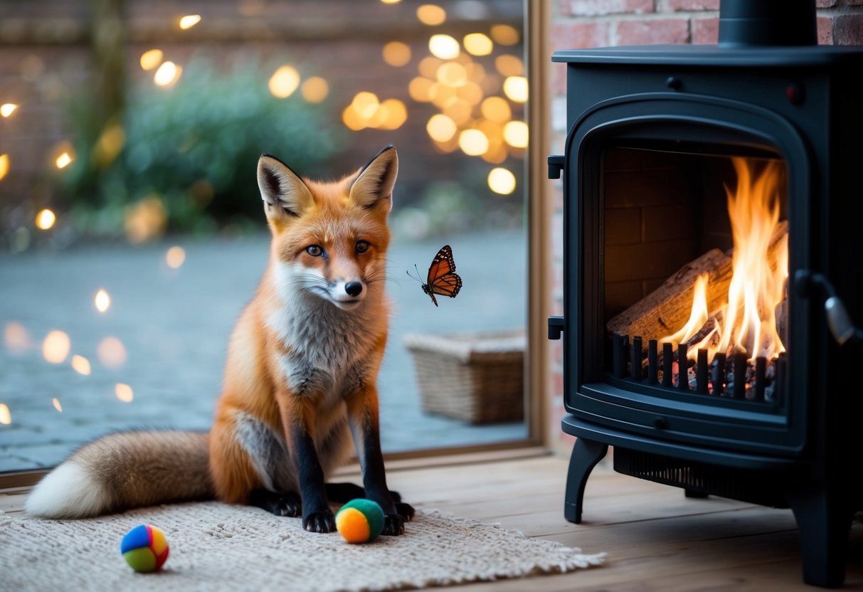 A fox sits by a cozy fireplace, playing with a toy. Outside, it chases a butterfly but then gets startled by a loud noise
