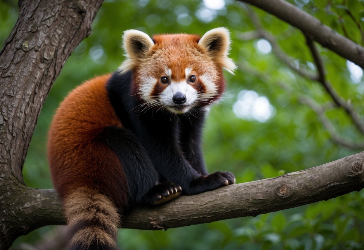 A red panda sits on a tree branch, resembling a fox with its similar coloring and bushy tail