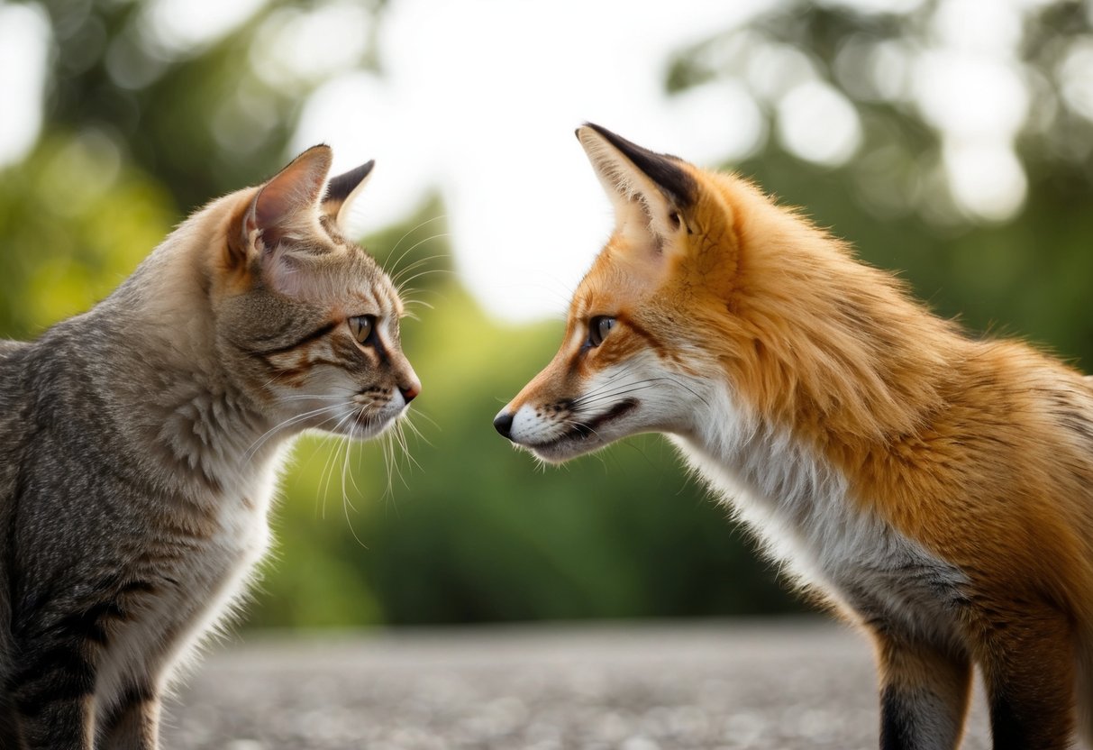 A cat and a fox facing each other, with the cat showing signs of illness
