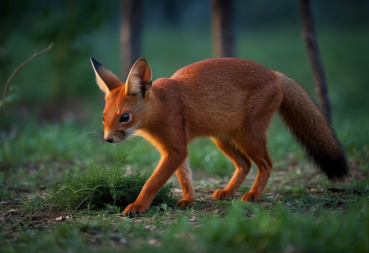 A sleek, red-brown creature with pointed ears and a bushy tail, foraging in a wooded area at dusk