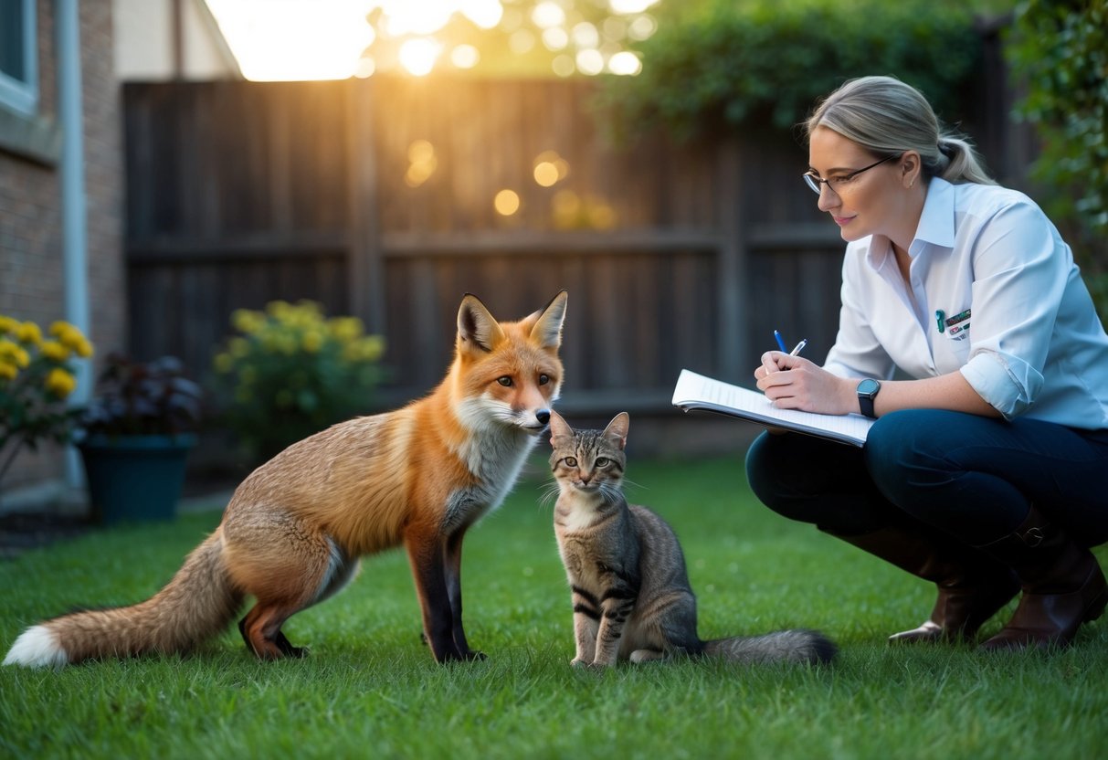 A fox and a cat peacefully coexist in a backyard, with a wildlife expert observing and taking notes on their behavior