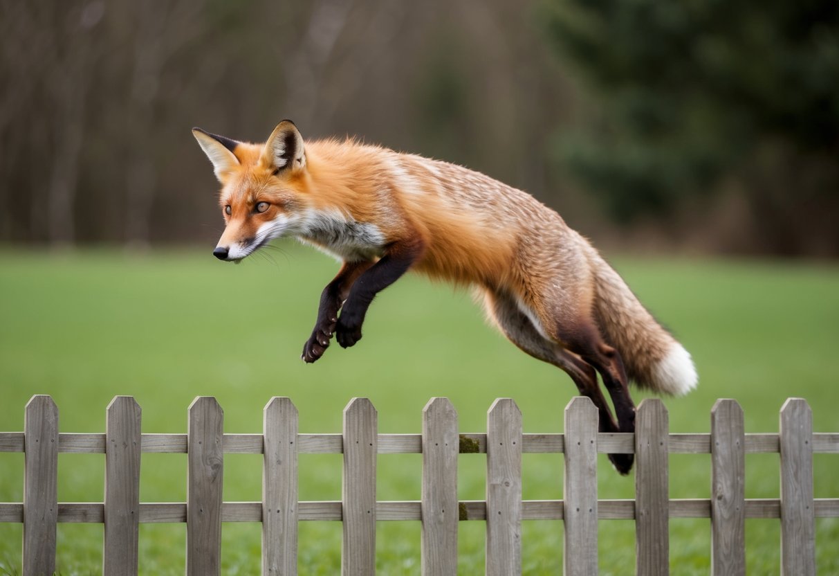 A red fox leaps over a 6 ft wooden fence with ease