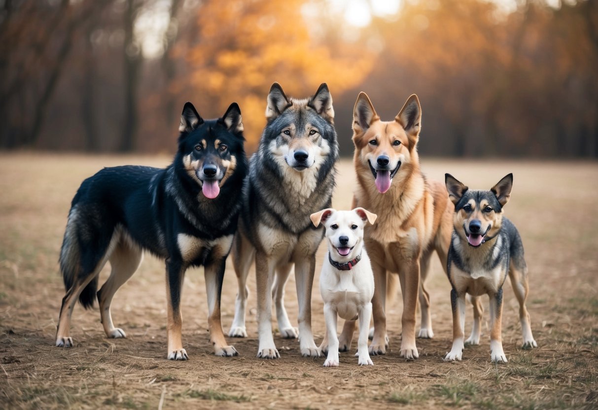 A wolf and a variety of different dog breeds standing together, showcasing the potential for interbreeding and the ethical implications of wolf-dog hybrids