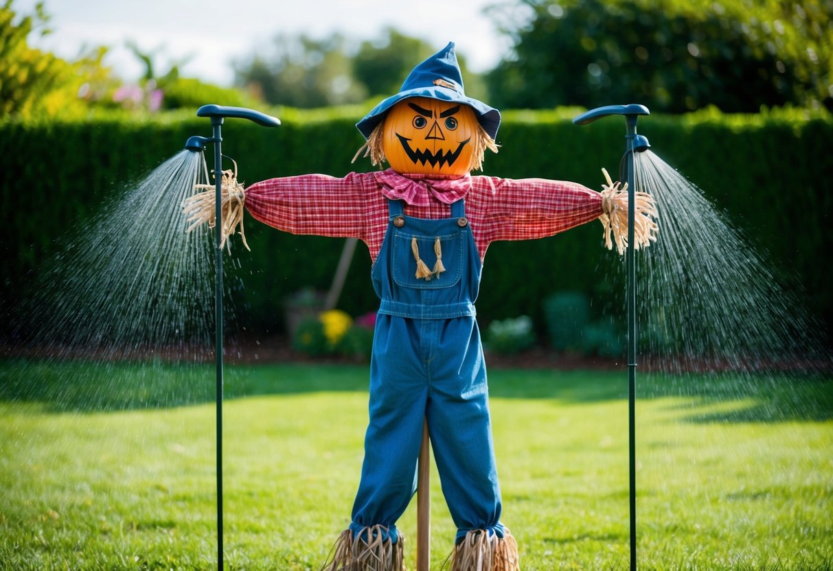A scarecrow stands tall in the garden, its arms outstretched and a fierce expression on its face. A motion-activated sprinkler system is set up to startle any unwanted visitors