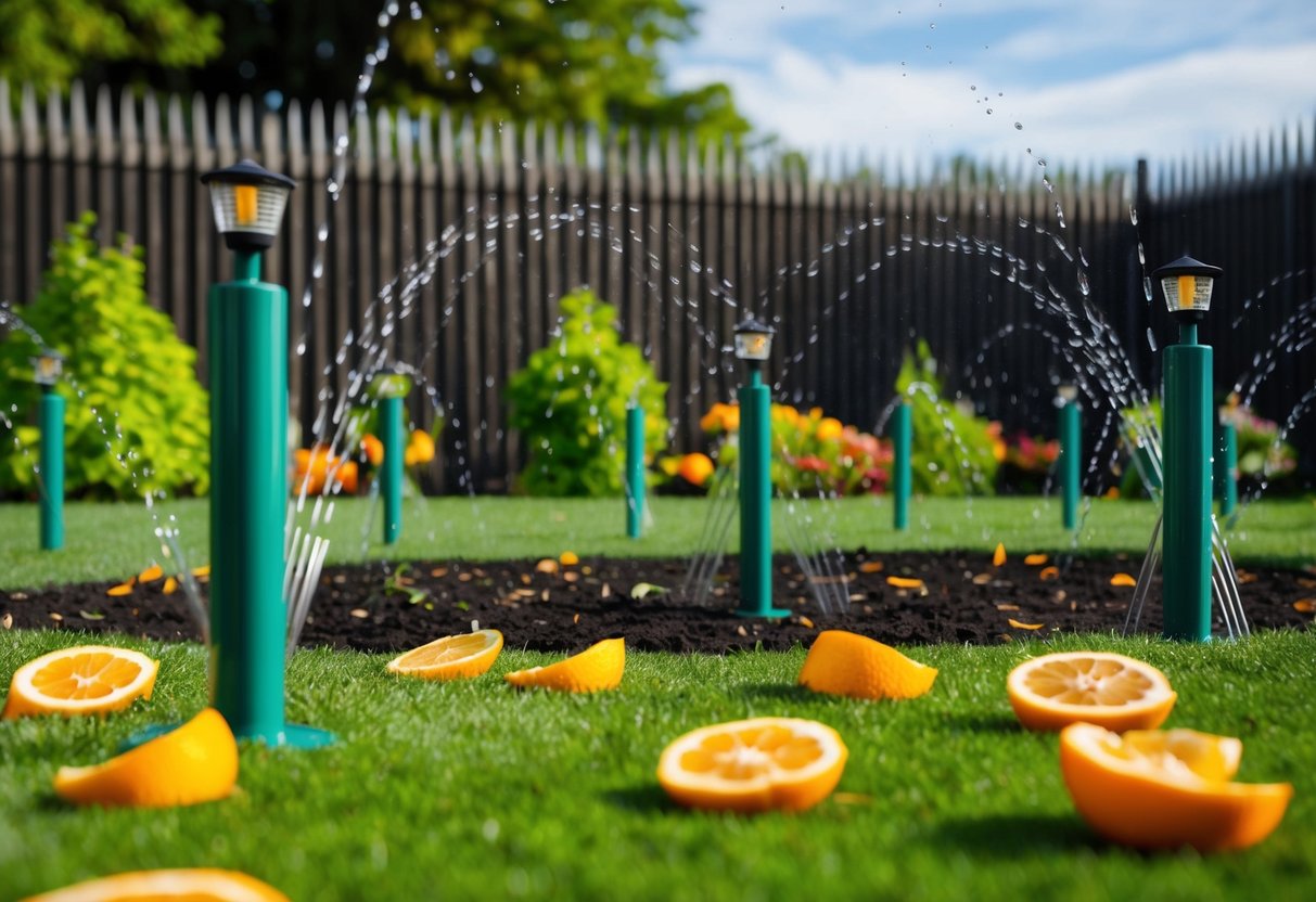 A garden surrounded by a tall fence topped with spikes, motion-activated sprinklers, and scattered citrus peels and cayenne pepper