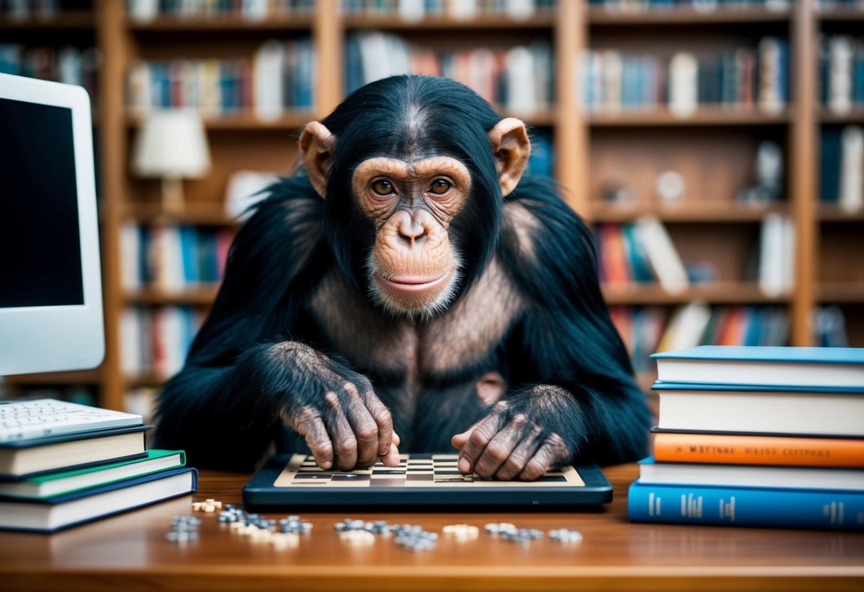A chimpanzee solves a complex puzzle, surrounded by books and a computer