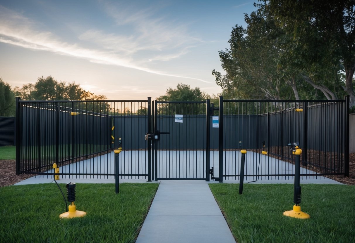 A sturdy fence with a locked gate surrounds the space, while motion-activated sprinklers and ultrasonic animal deterrents are strategically placed throughout the area