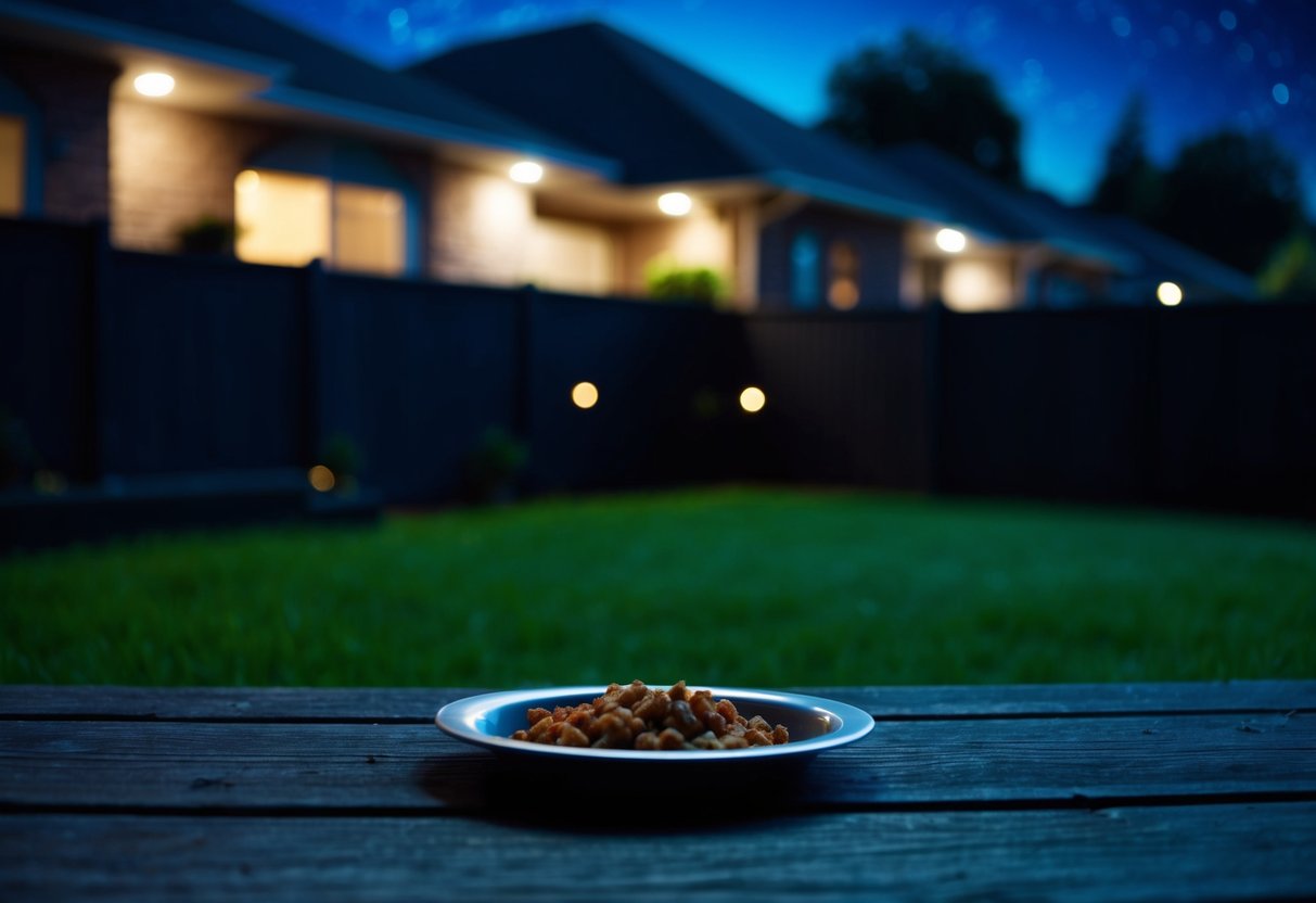 A suburban backyard at night, with a small dish of food left out and a pair of bright eyes glowing in the darkness